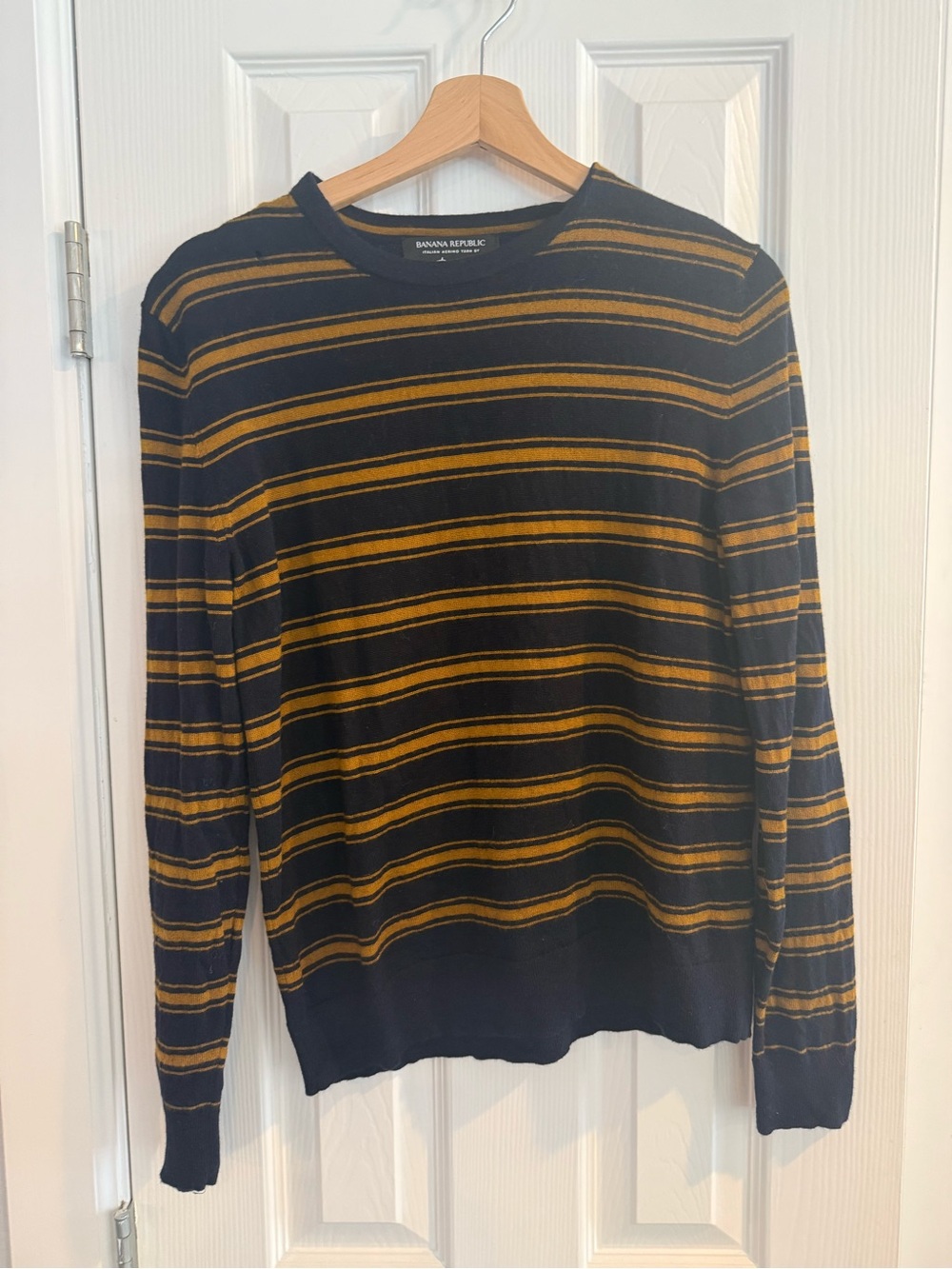 Banana Republic Men's Navy Crewneck Sweater with Mustard Stripes